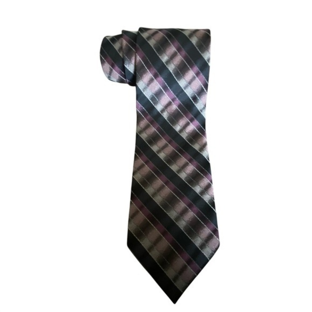 Elegant Handmade 100% Silk Black and Purple Striped Men's Tie 59" Long